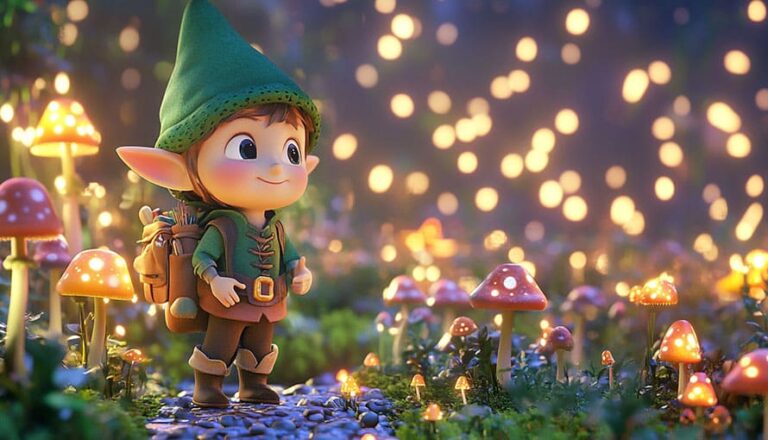 A cartoon elf stands on a path in a glowing mushroom forest with lights in the background.