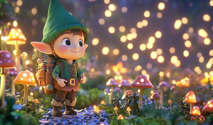 A cartoon elf stands on a path in a glowing mushroom forest with lights in the background.