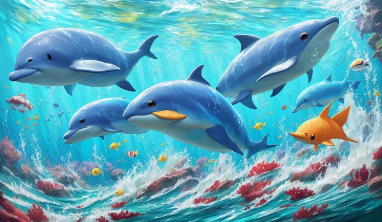 Five dolphins and an orange fish swim together in a vibrant underwater coral scene.