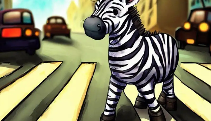 A zebra stands on a crosswalk with cars and buildings in the background.