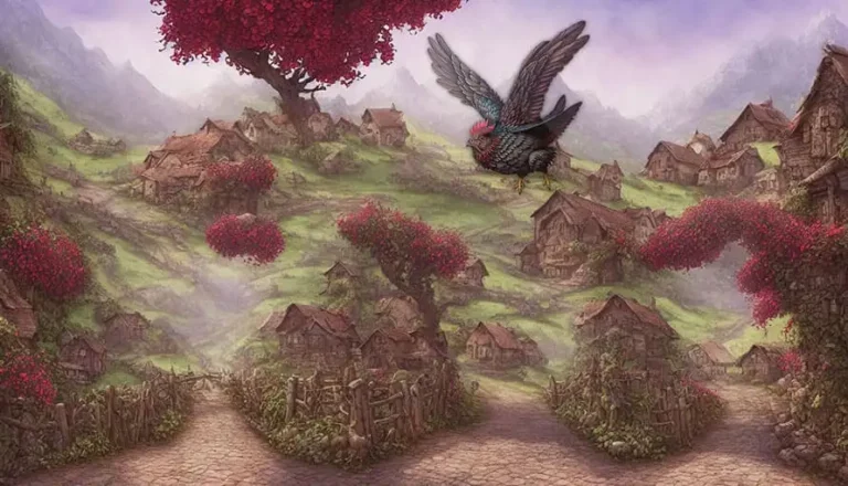 A large bird with red-tipped wings flies over a quaint village with stone paths and red trees.