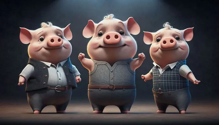 Three cartoon pigs dressed in vests and shirts stand side by side under spotlights.