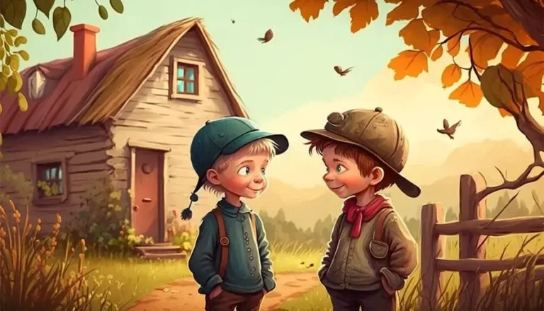 Two young boys stand smiling outside a small wooden house on a sunny autumn day.