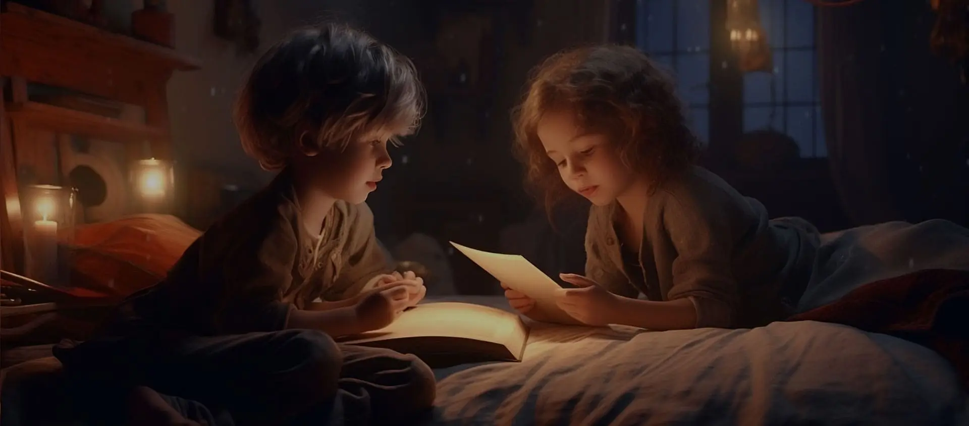 Two children reading by candlelight on a bed in a dimly lit, cozy room at night.