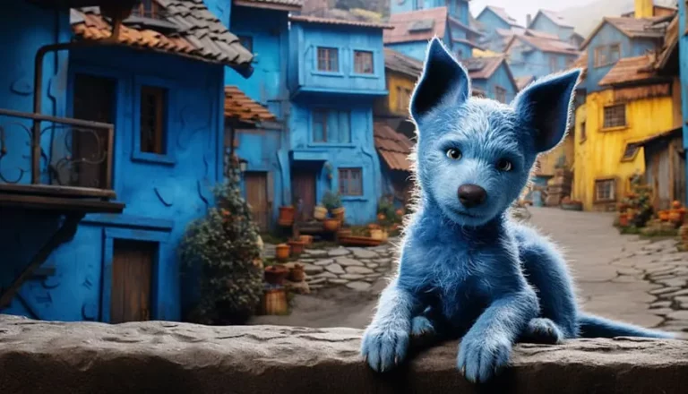 A blue, fox-like creature sits on a stone ledge in a colorful village with blue houses.