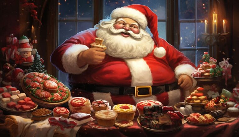 Santa Claus sitting at a table filled with assorted Christmas desserts and treats.