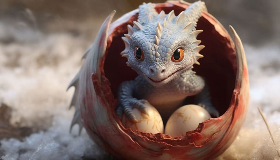 A baby dragon sits in a cracked eggshell, holding two eggs, surrounded by a snowy surface.