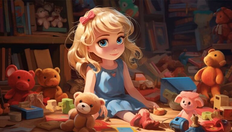A young girl sits on the floor surrounded by teddy bears and toys in a cluttered room.