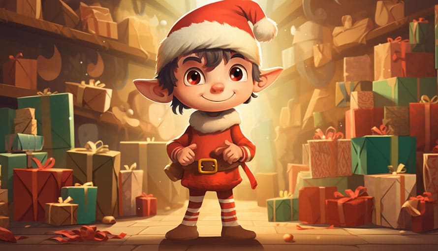 A cheerful Christmas elf stands in a workshop surrounded by wrapped gifts and holiday decor.