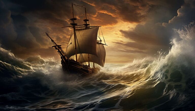 A wooden sailing ship battles large waves under a dramatic, cloudy sunset sky.