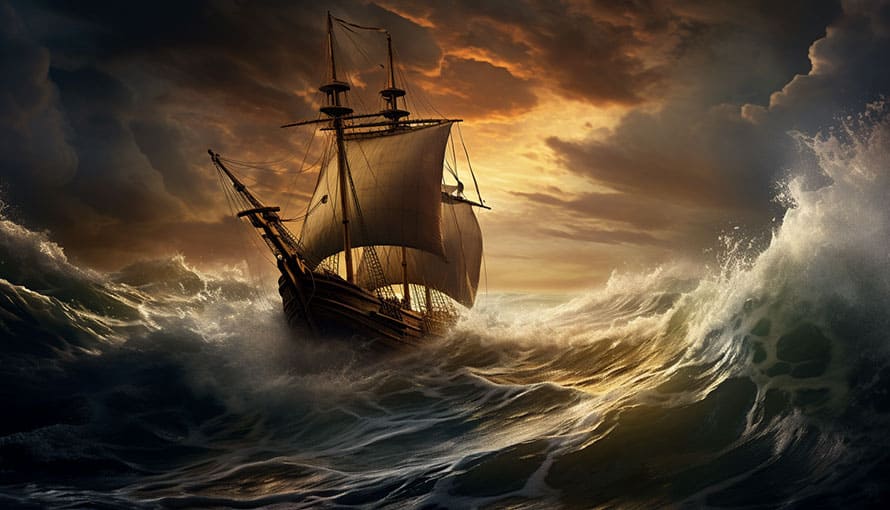 A wooden sailing ship battles large waves under a dramatic, cloudy sunset sky.