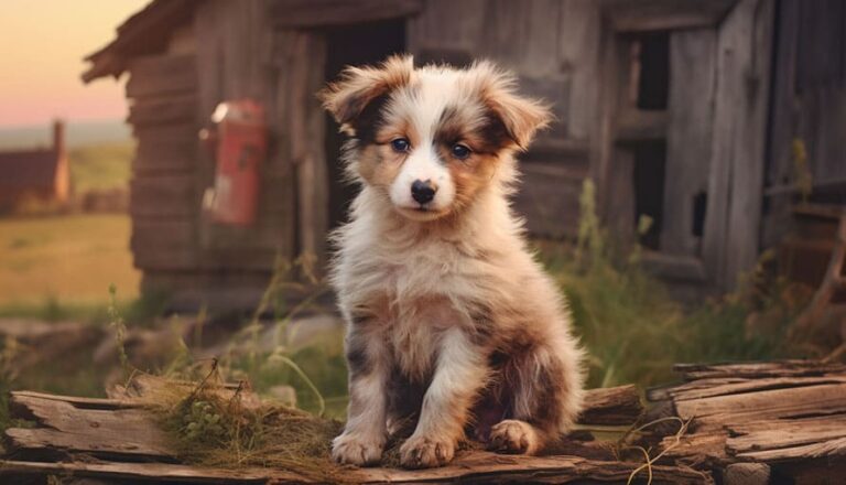 A fluffy puppy sits on old wooden planks in front of a rustic wooden shed.