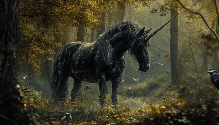 A black unicorn stands in a misty forest surrounded by birds and autumn foliage.