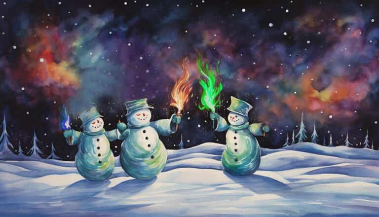 Three snowmen stand on snow, each holding a torch with colorful flame under a starry sky.