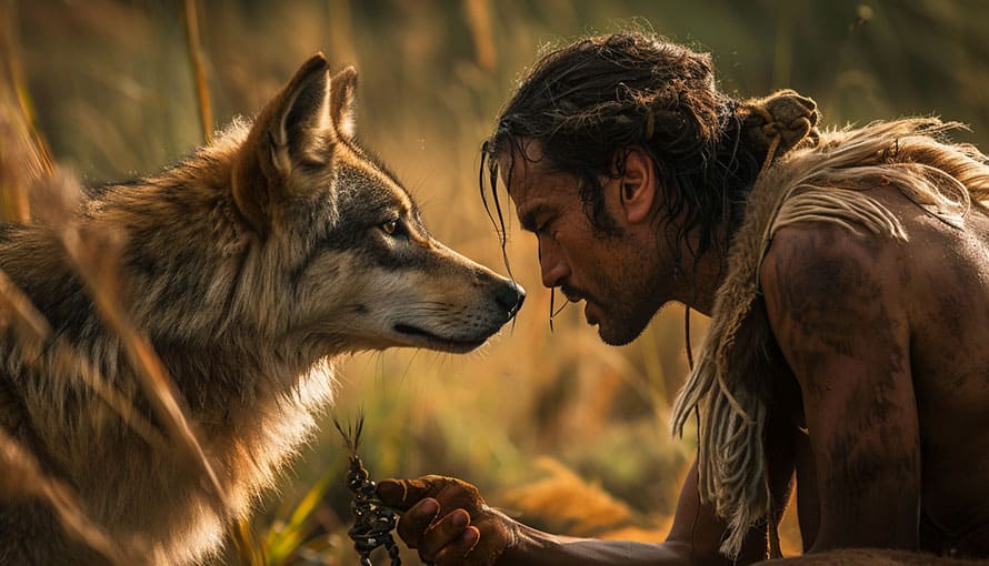 A man with a dog looking at another man.