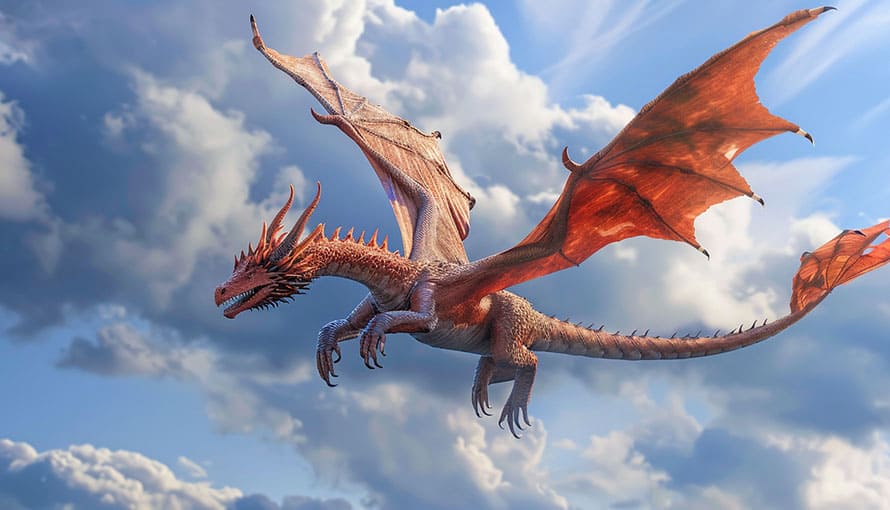 A red dragon with outstretched wings flies in a cloudy sky.