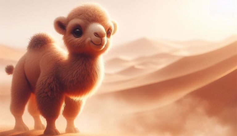 A young, fluffy camel stands in a sunlit desert with sand dunes in the background.