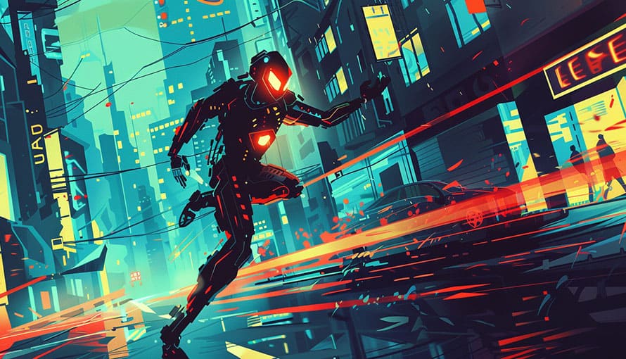 Futuristic robot runs through a neon-lit city street with light trails behind it.