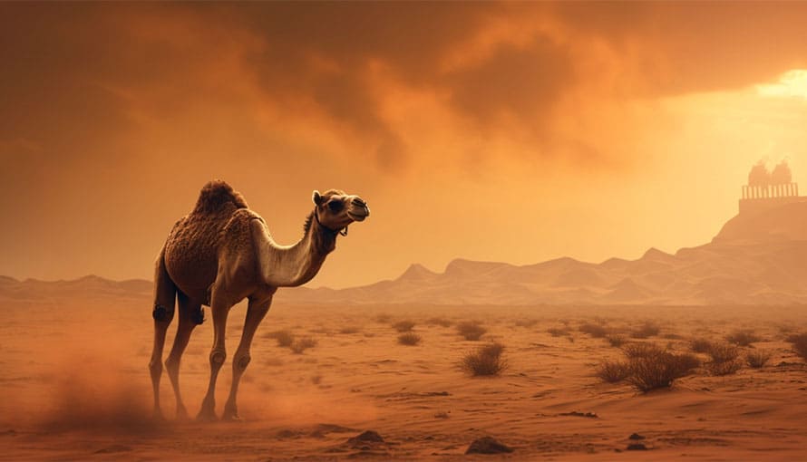 A camel stands in a dusty desert landscape under an orange sky with distant ruins.
