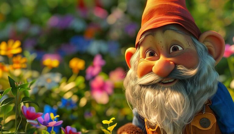 A garden gnome with a red hat and gray beard is surrounded by colorful flowers.