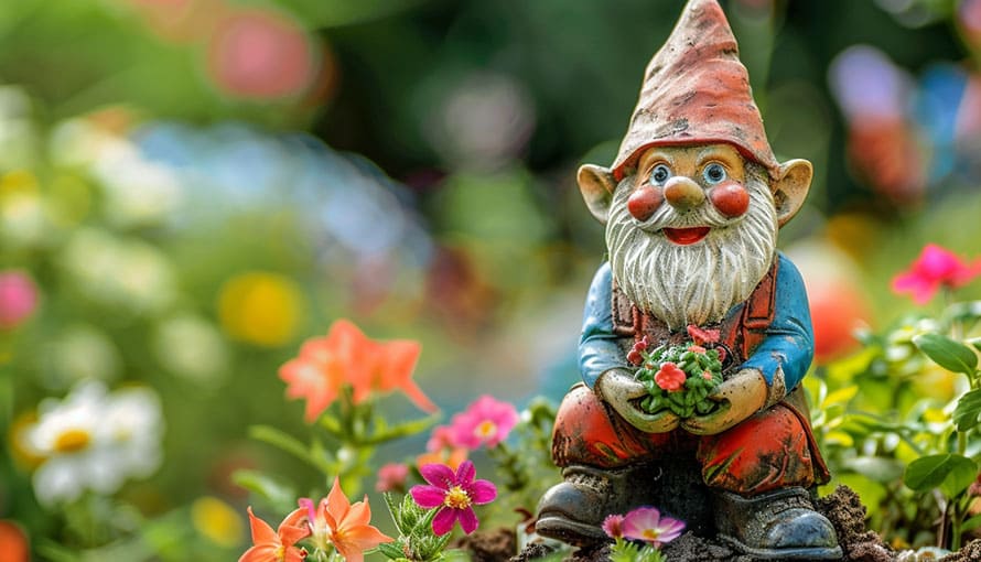 A garden gnome statue holding flowers sits among colorful blooming plants.