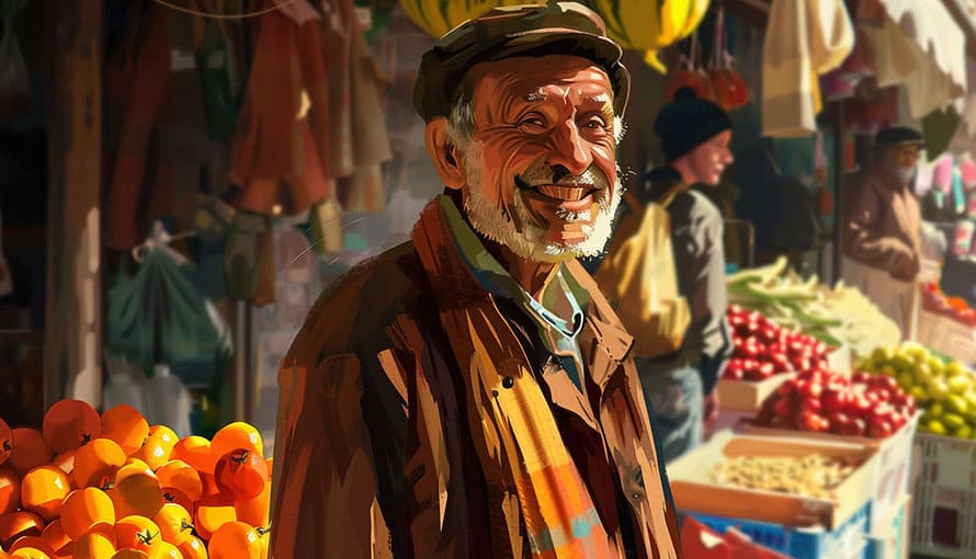 Older man smiling at an outdoor market with produce stands and shoppers in the background.