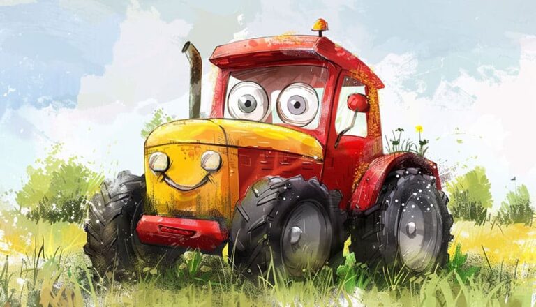 A cartoon tractor with eyes and wheels.