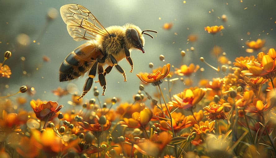 A bee hovers above orange flowers in a sunlit field.