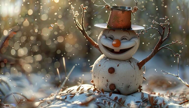 Smiling snowman with twig arms and hat standing on snowy ground, surrounded by falling snow.