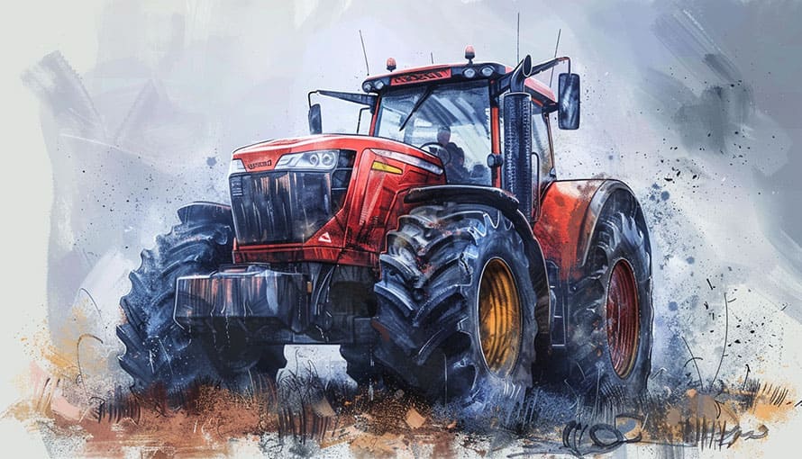 Red tractor with large tires on rough terrain, depicted in a digital painting style.