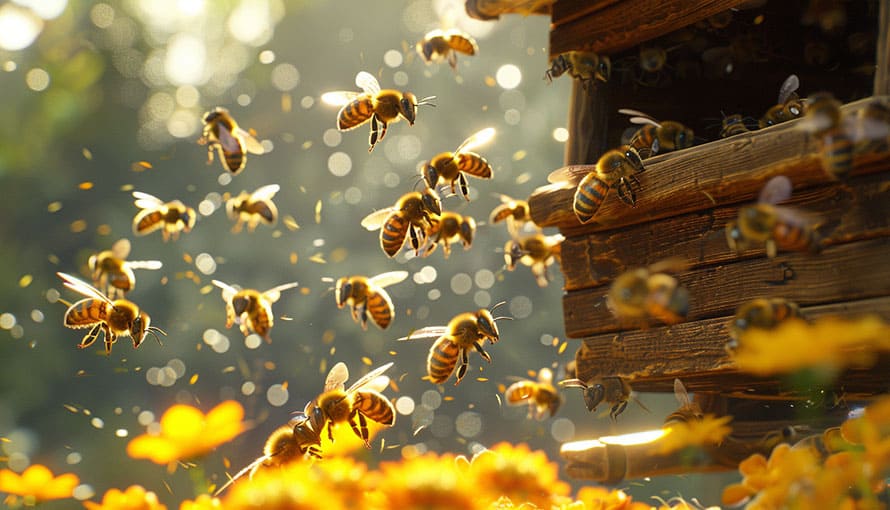 Dozens of bees fly near a wooden hive surrounded by yellow flowers in sunlight.