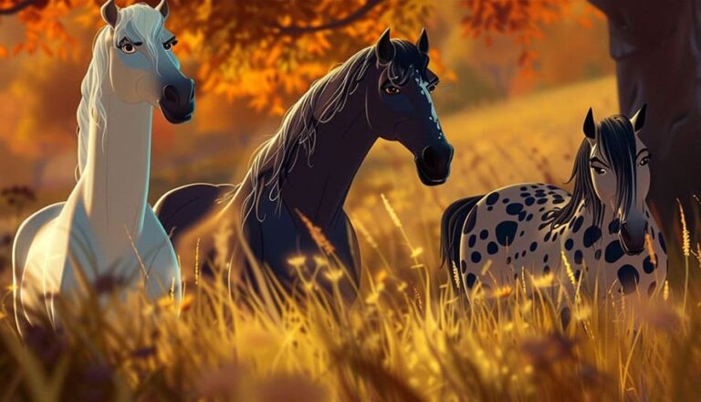 Three animated horses stand in a sunlit field with autumn foliage in the background.