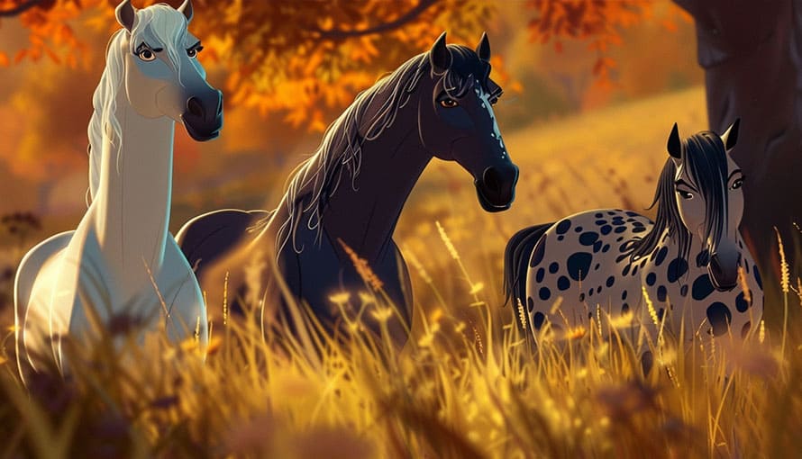 Three animated horses stand in a sunlit field with autumn foliage in the background.