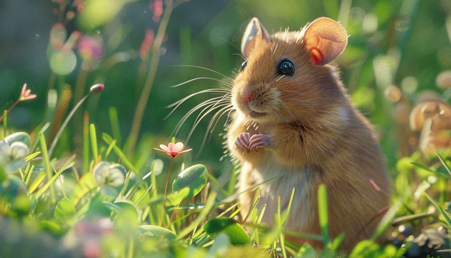 A brown mouse sits upright in grass surrounded by small flowers, with sunlight in the background.