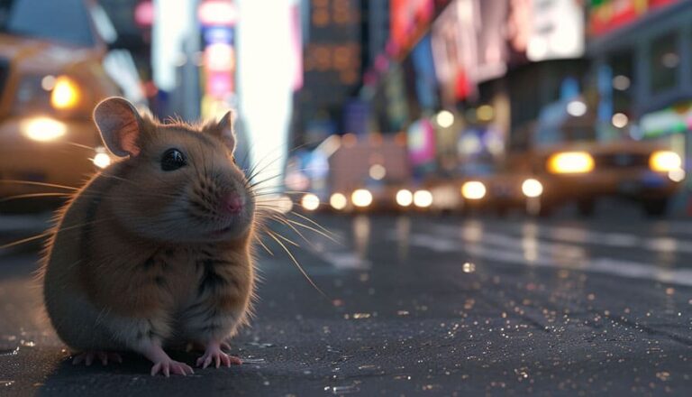 A mouse sits on a wet city street at night with blurred car lights in the background.