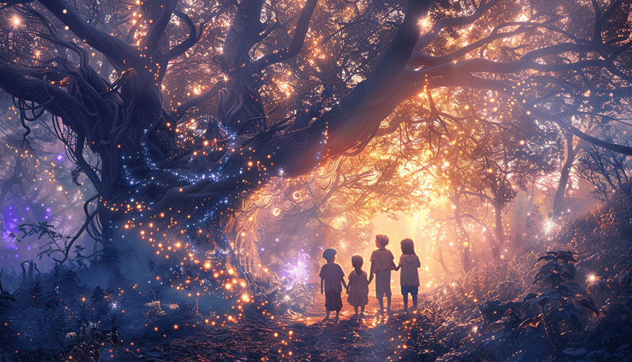 Four children walk toward glowing light in a magical, fairy-lit forest with large, twisted trees.
