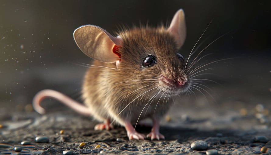 A small brown mouse with large ears and whiskers sits on a gravel surface.