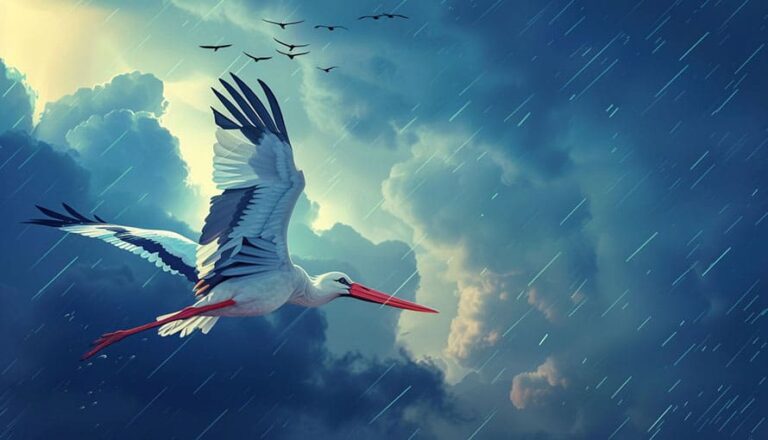 A stork flies in the rain with dark clouds and other birds in the sky.
