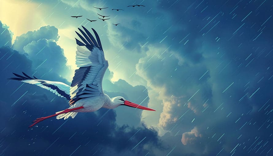 A stork flies in the rain with dark clouds and other birds in the sky.