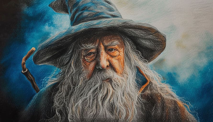 Illustration of an elderly man with a long white beard and a pointed hat, holding a staff.