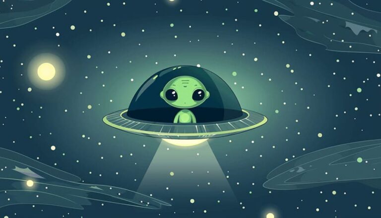 Cartoon alien in a UFO with a spotlight, floating in a starry night sky.