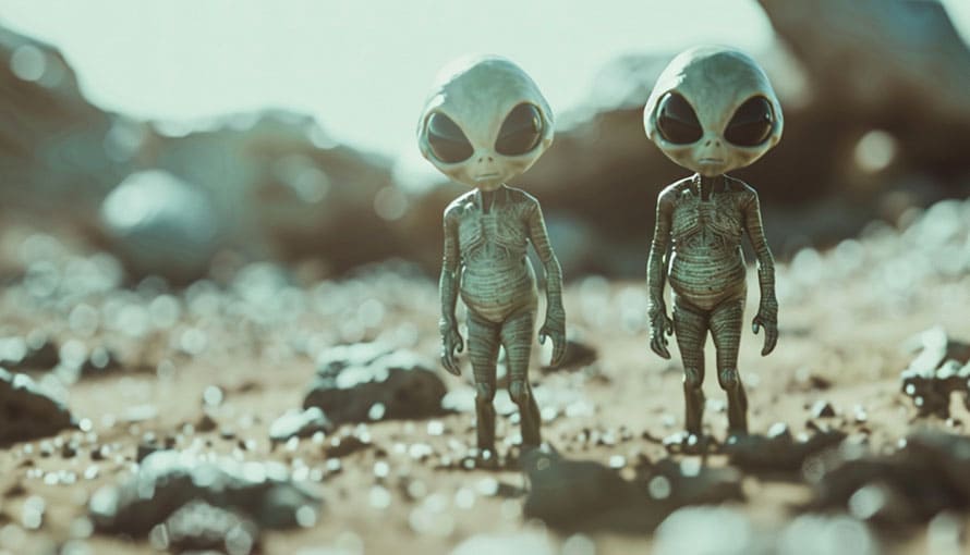 Two small, humanoid aliens with large heads stand on a rocky, barren landscape.