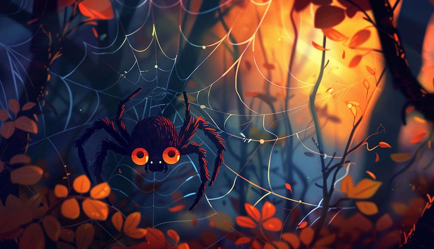 Cartoon spider with large eyes sits on a web among autumn leaves in a glowing forest.