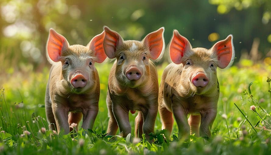 Three piglets stand on grass outdoors in sunlight, facing forward.