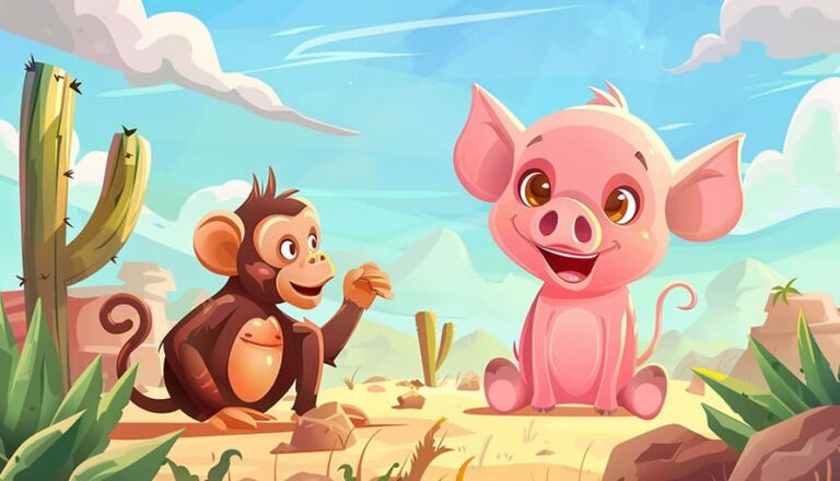 A cartoon monkey and pig sit together in a sunny desert landscape with cacti and blue sky.