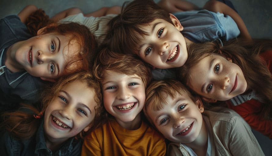 Six children lying in a circle, smiling and looking up at the camera.
