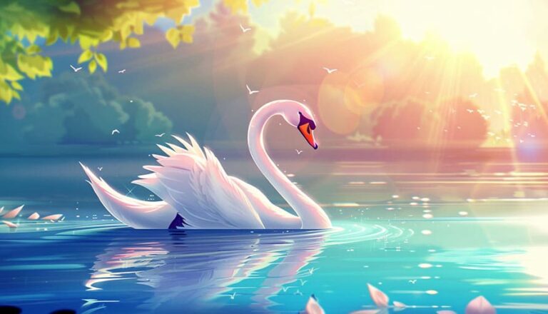 A white swan swims on a sunlit lake with reflections and surrounding greenery.