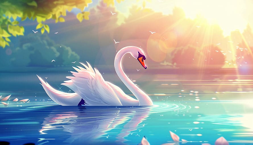 A white swan swims on a sunlit lake with reflections and surrounding greenery.