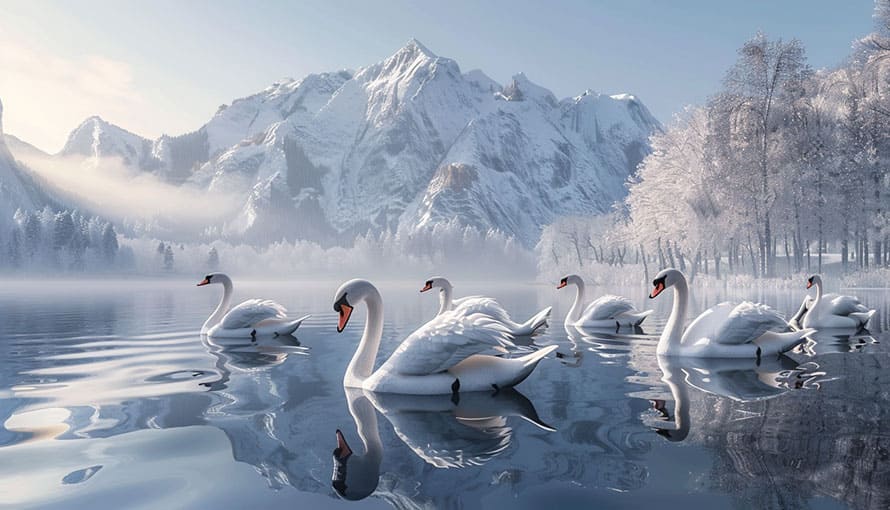 Seven swans swim on a calm lake with snowy mountains and trees in the background.