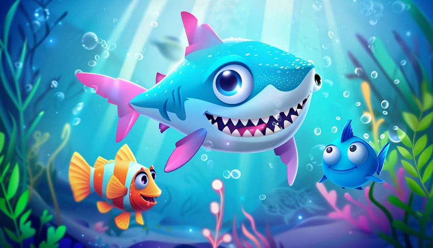 Three colorful cartoon fish swim underwater amid plants and bubbles with sunlight above.